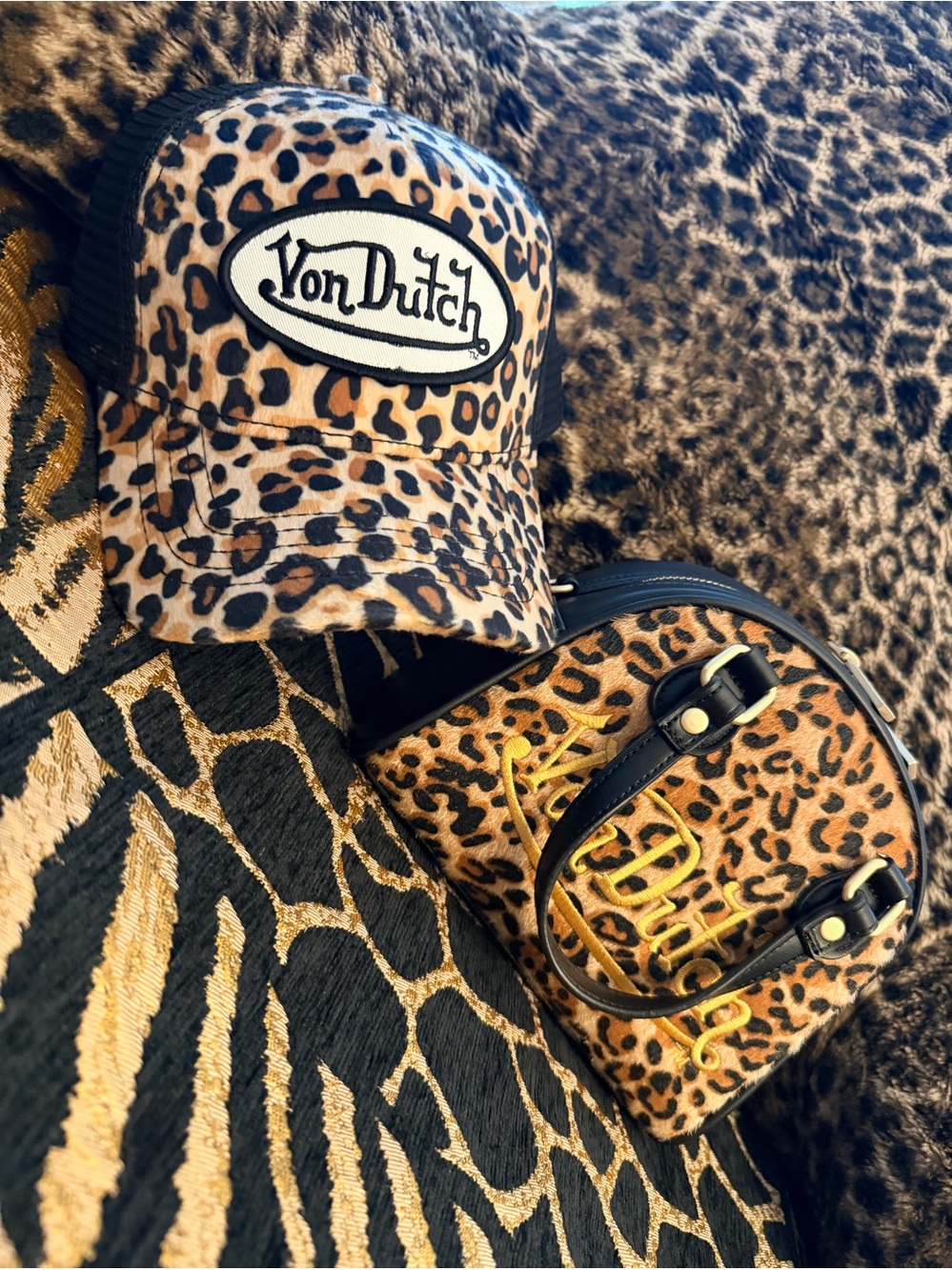 Von Dutch Leopard Pony Hair Bowling Bag w/ matching trucker hat EXCELLENT
